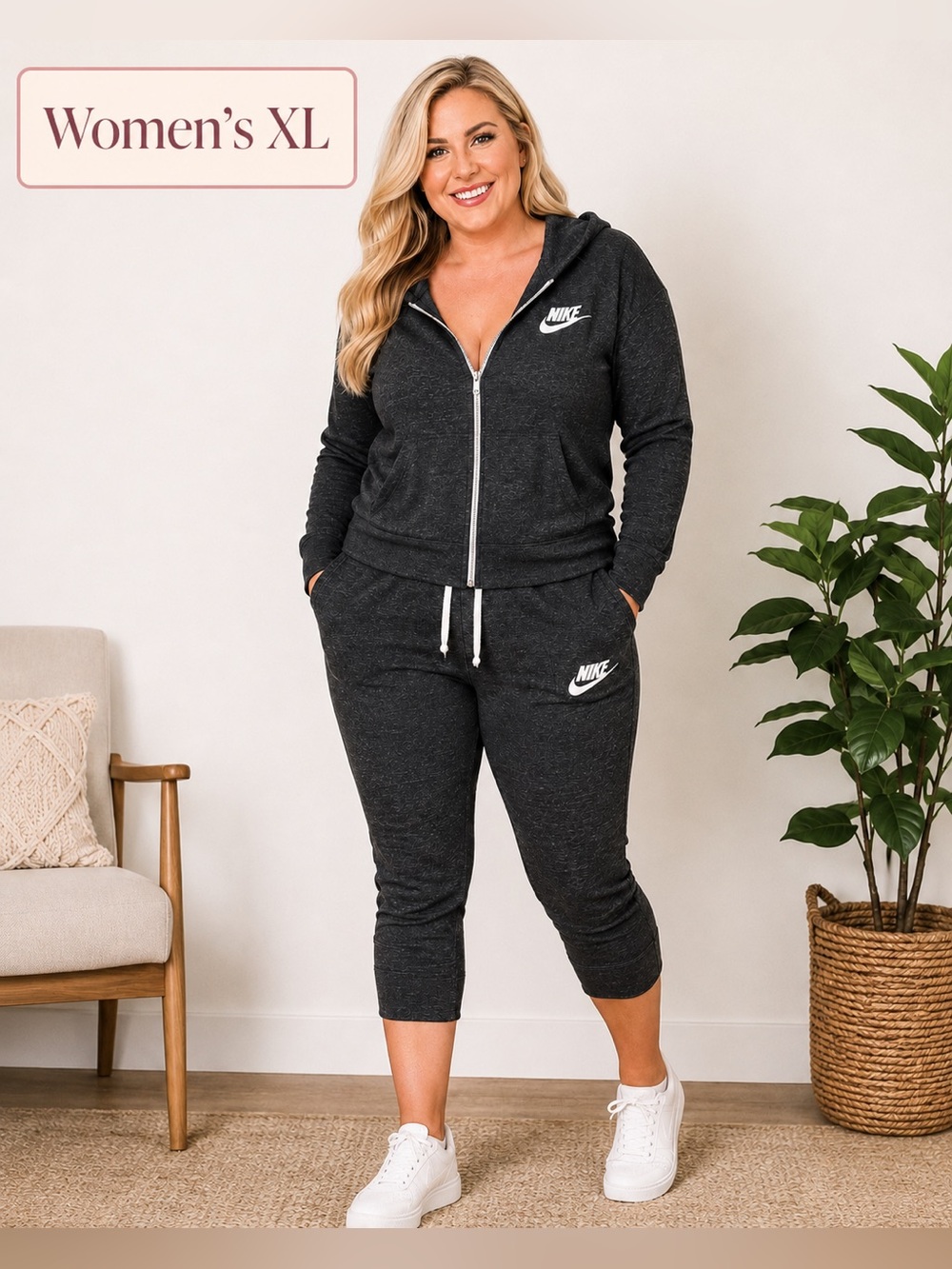 Nike Women’s XL Charcoal Zip Hoodie & Capri Joggers Set - Black Heather